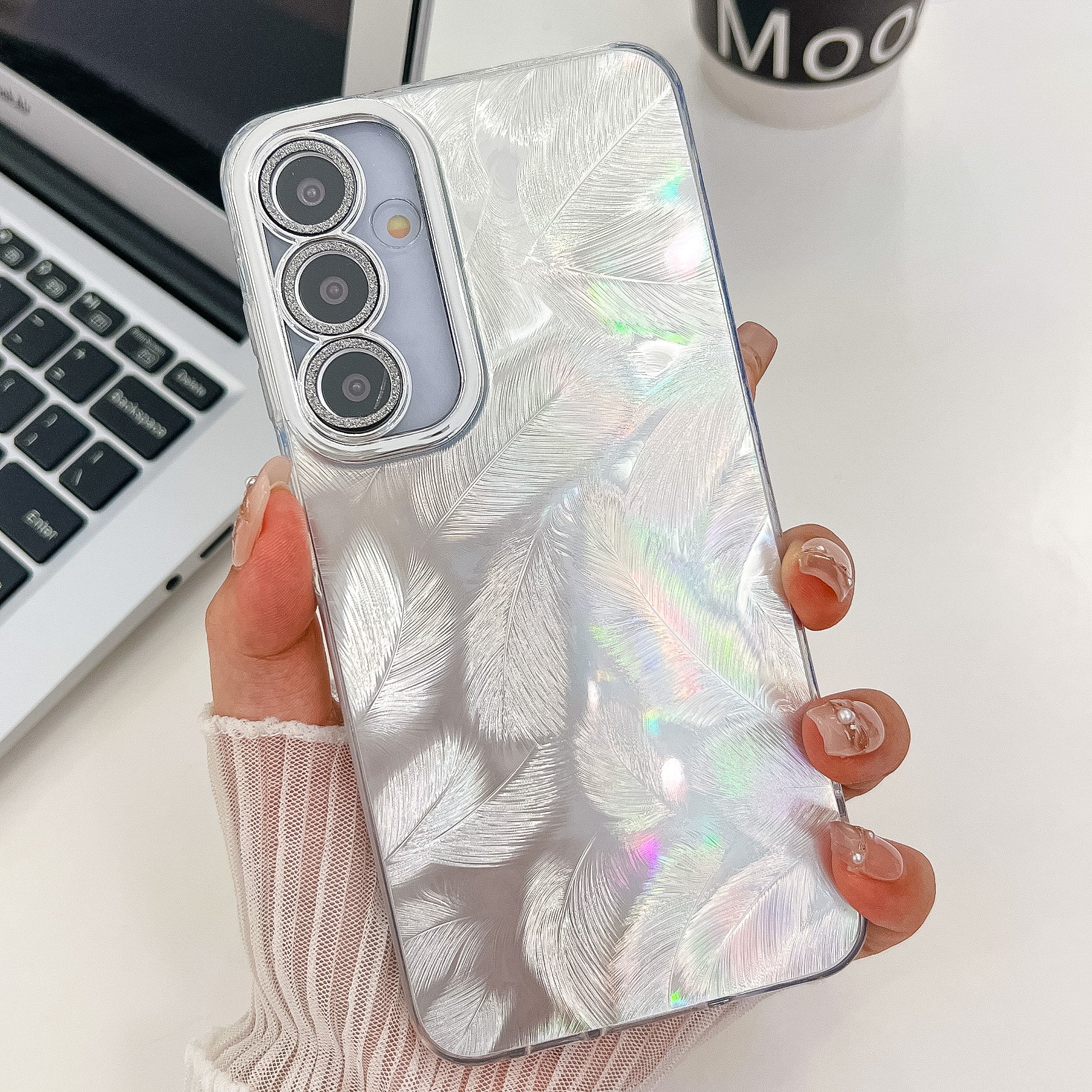 For Samsung Galaxy A16 4G / 5G Case IMD Design Shockproof PC+TPU Phone Cover with Glass Lens Film - Feather Pattern / Silver For Samsung Galaxy A16 4G / 5G Case IMD Design Shockproof PC+TPU Phone Cover with Glass Lens Film - Feather Pattern / Silver